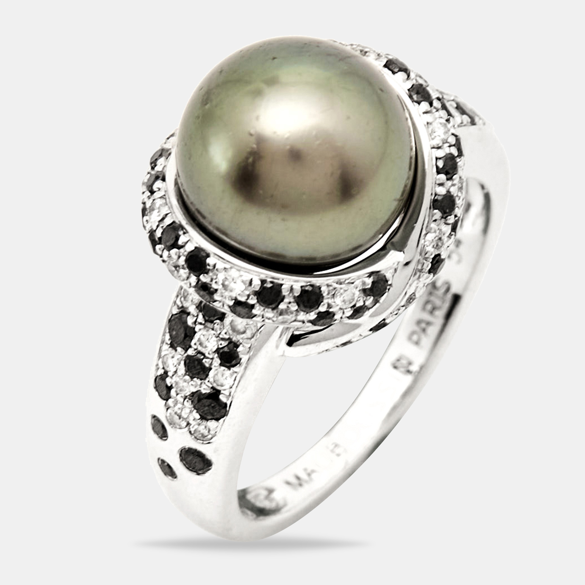 Mauboussin Perle Caviar Mon Amour Cultured Pearl Diamond 18K White Gold Cocktail Ring Size 54