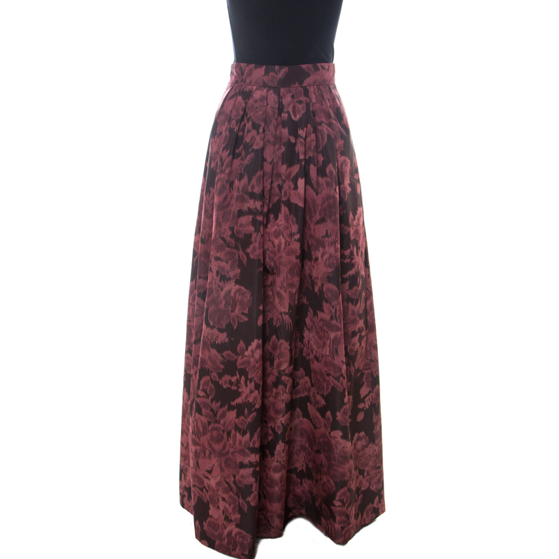 Image of Max Mara Burgundy Printed Silk Maxi Skirt S