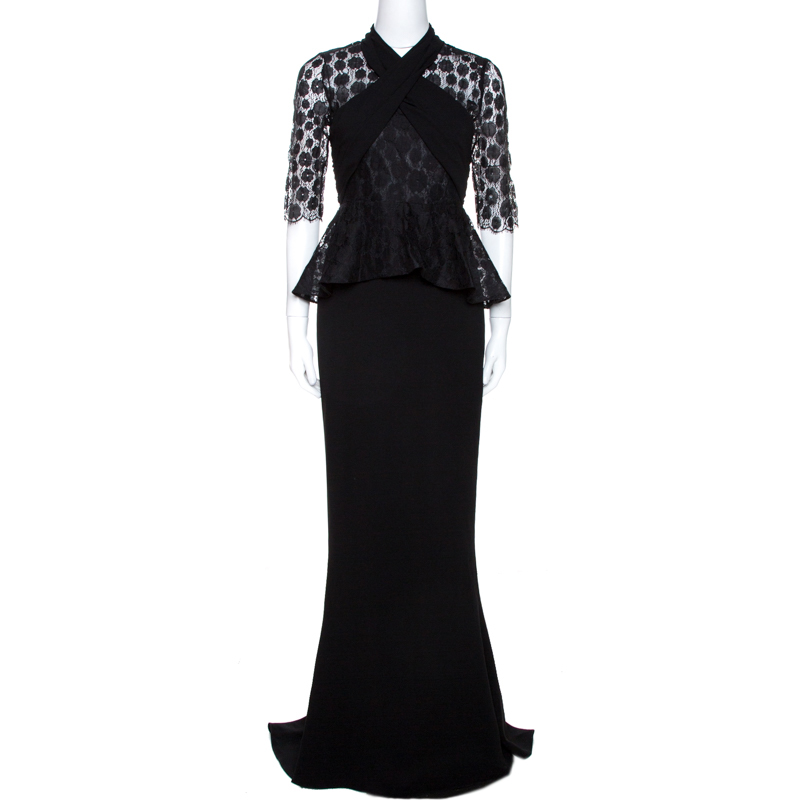 Image of Max Mara Black Crepe Lace Trim Peplum Maxi Dress S