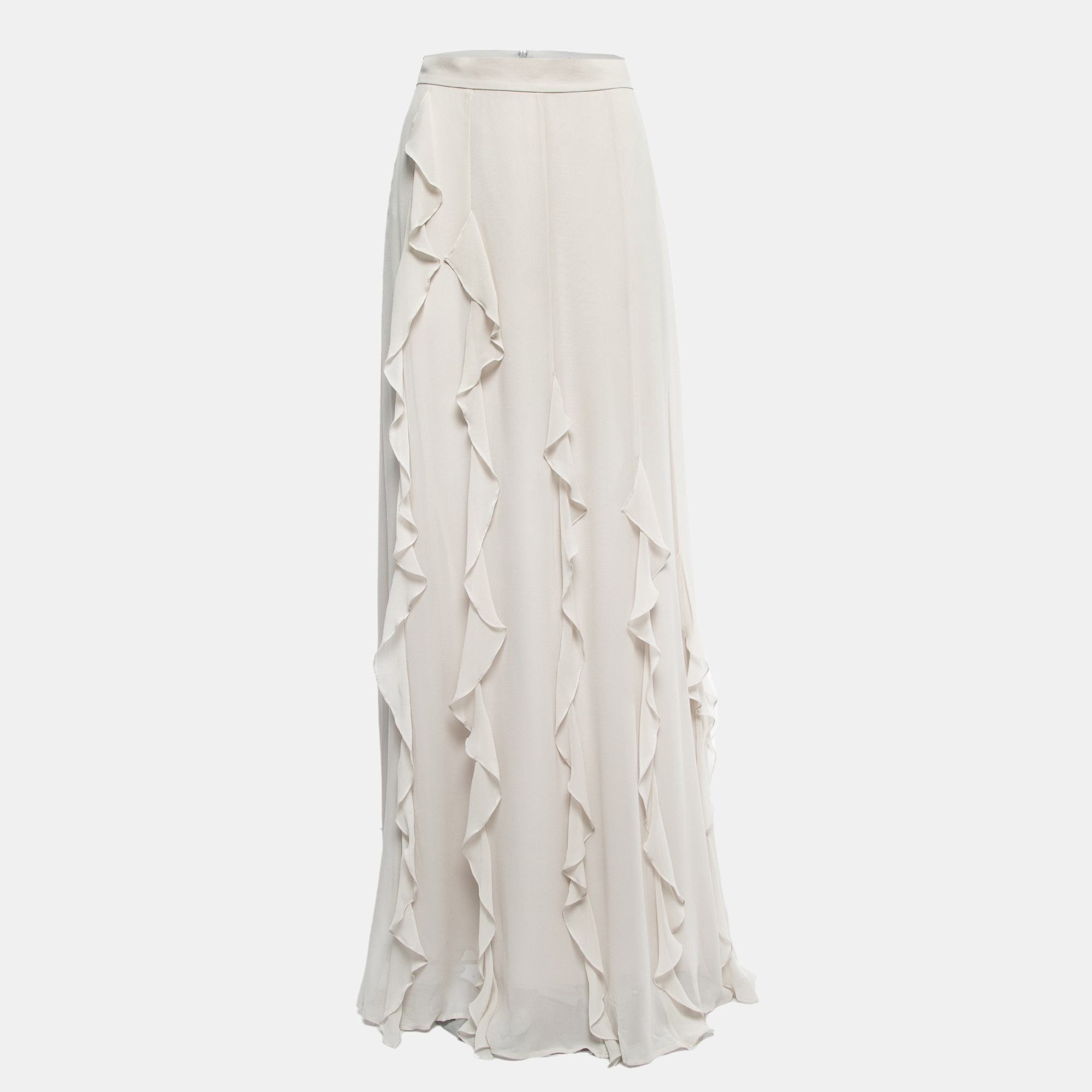 Max Mara Bone White Silk Ruffled Serafin Maxi Skirt S