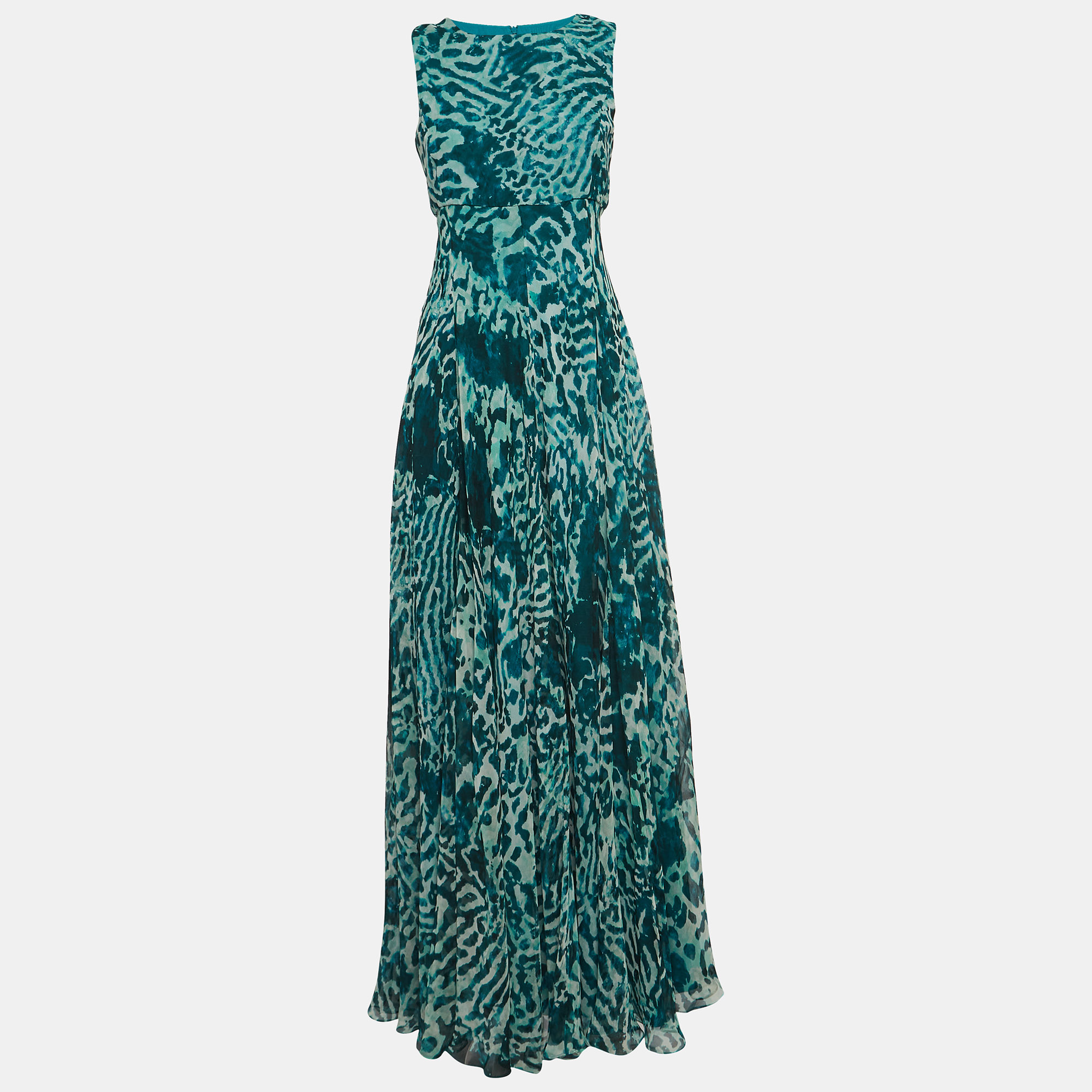 Max mara green animal printed silk sleeveless maxi dress s