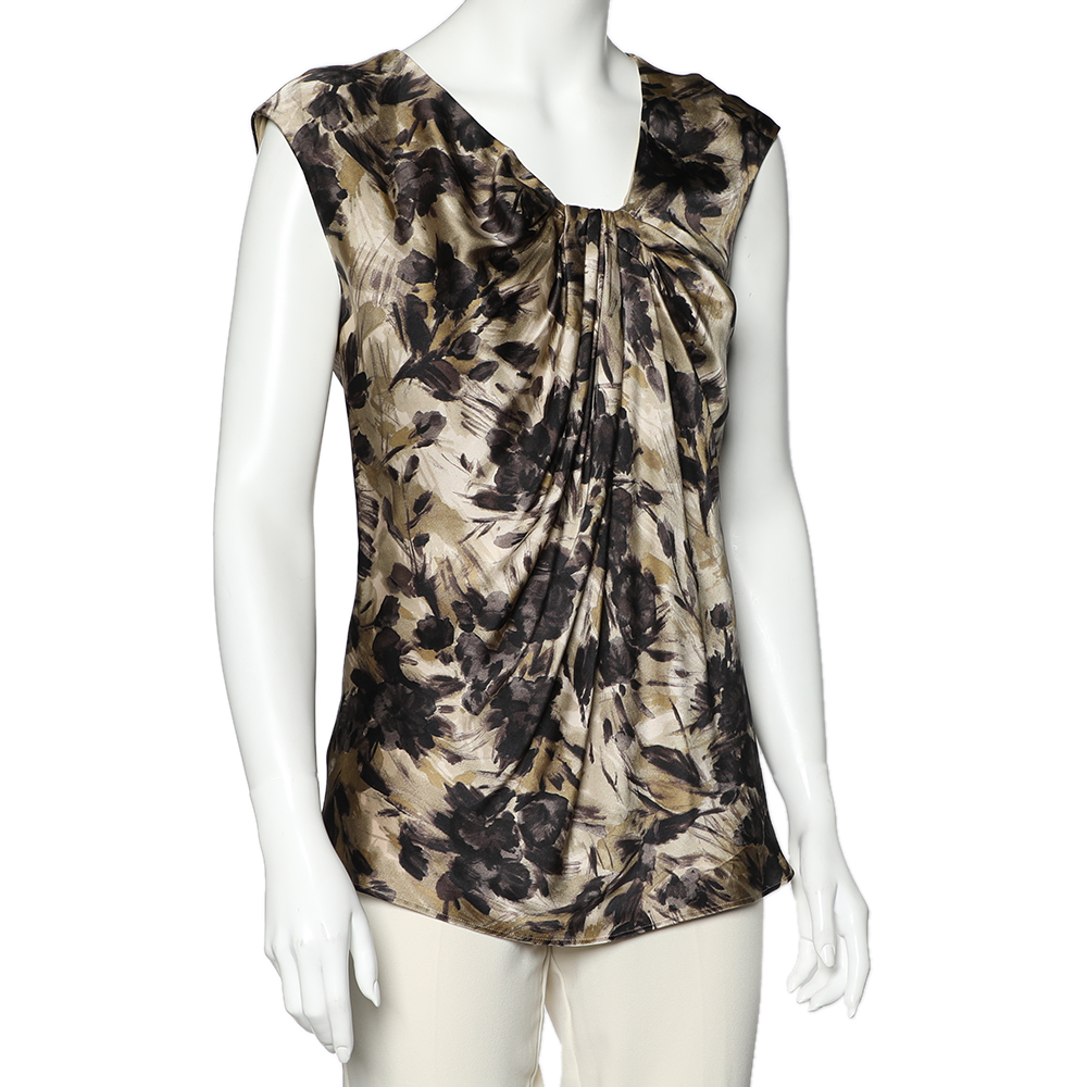 Max Mara Studio Brown Floral Printed Silk Draped Sleeveless Top S