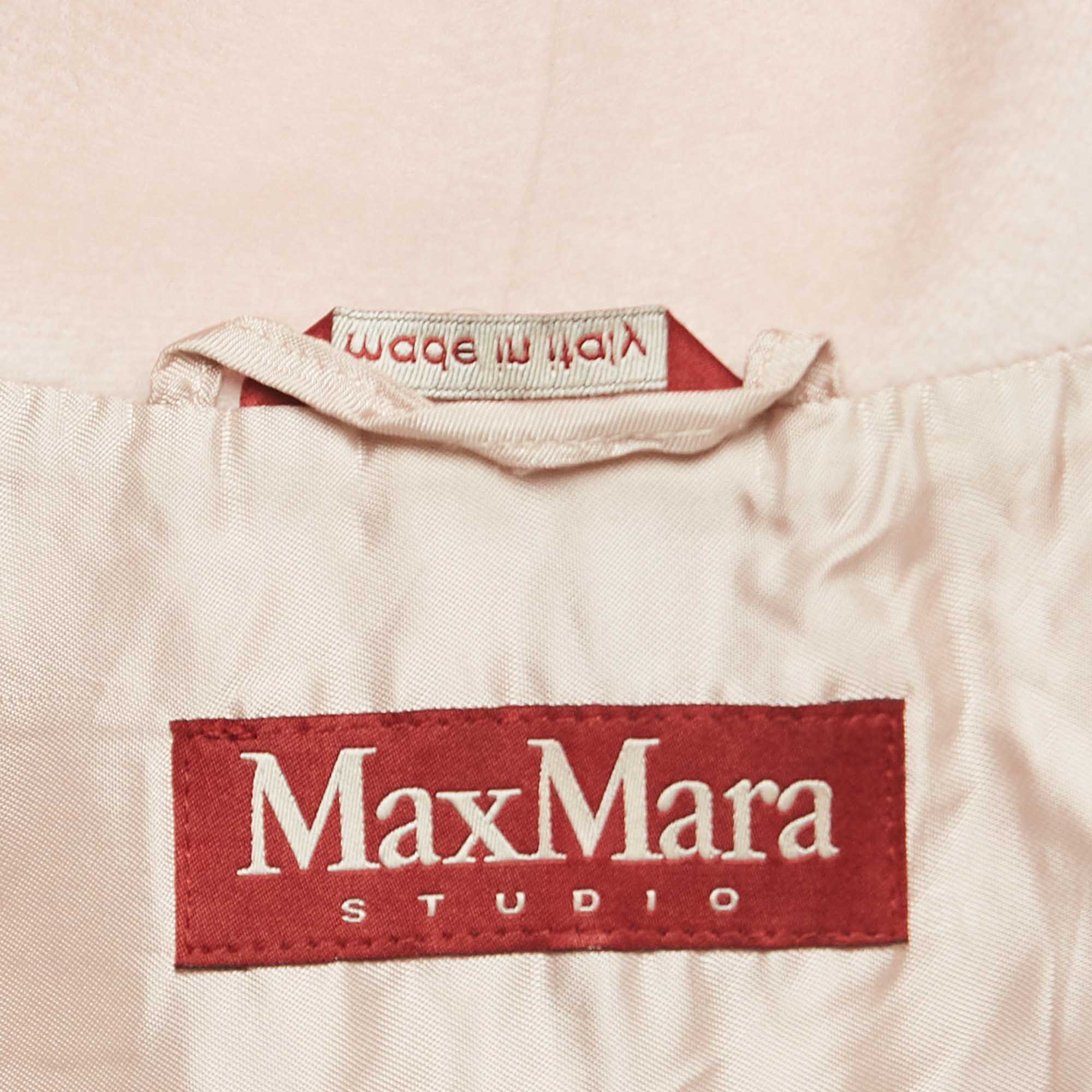 Max Mara Studio Light Pink Wool Fur Trim Hood Belted Jacket L