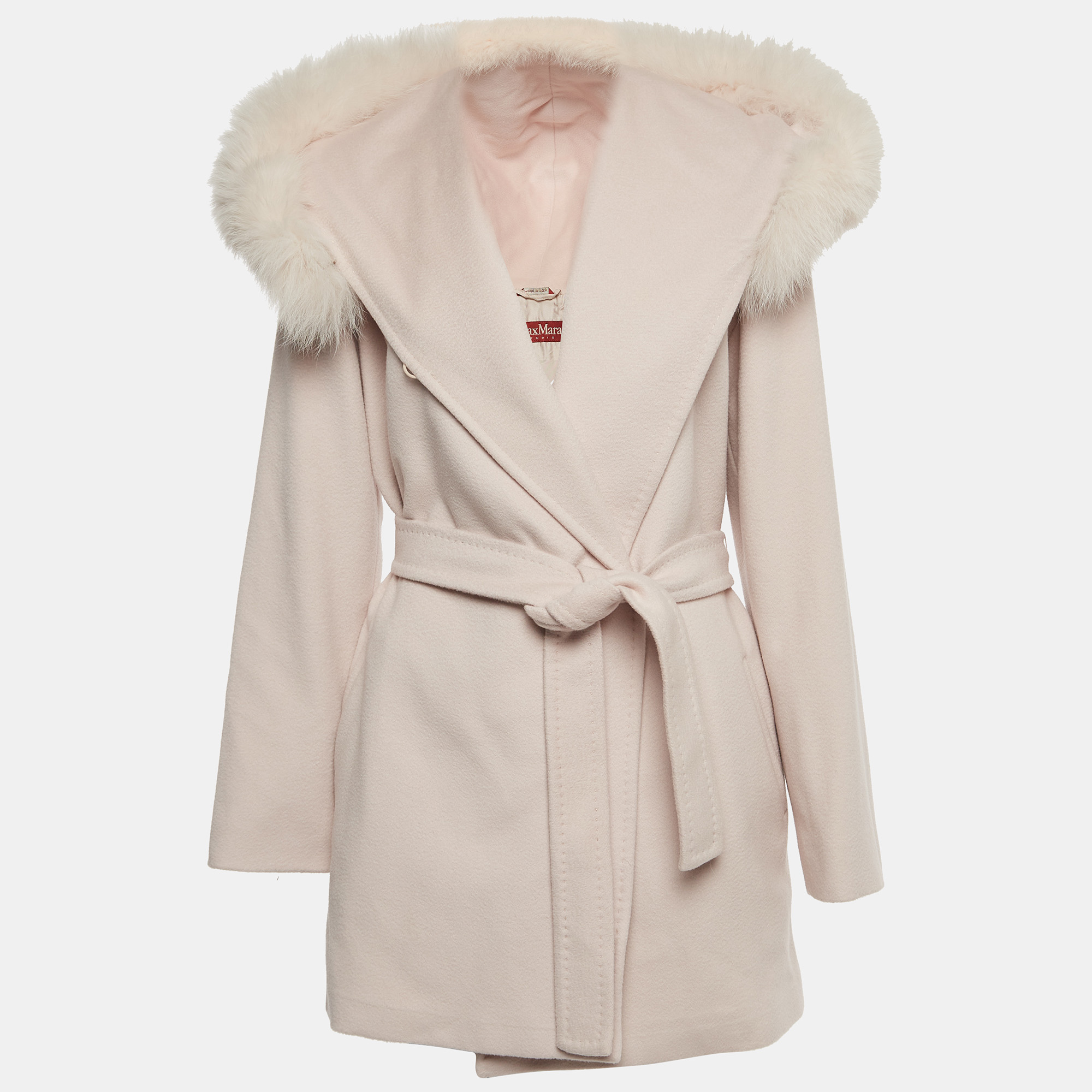 Max Mara Studio Light Pink Wool Fur Trim Hood Belted Jacket L