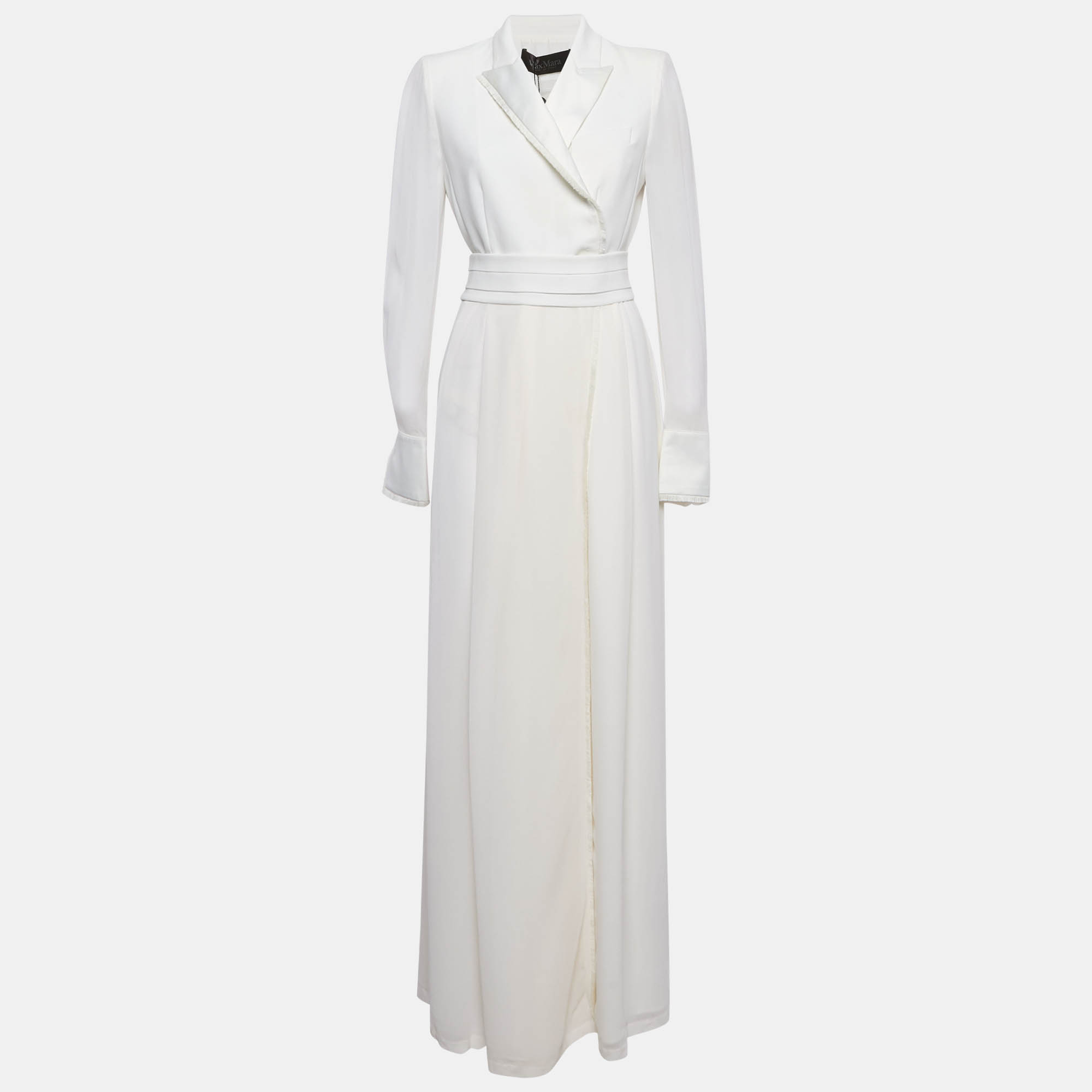 Max Mara White Satin and Silk Fringed Long Sleeve Maxi Dress M