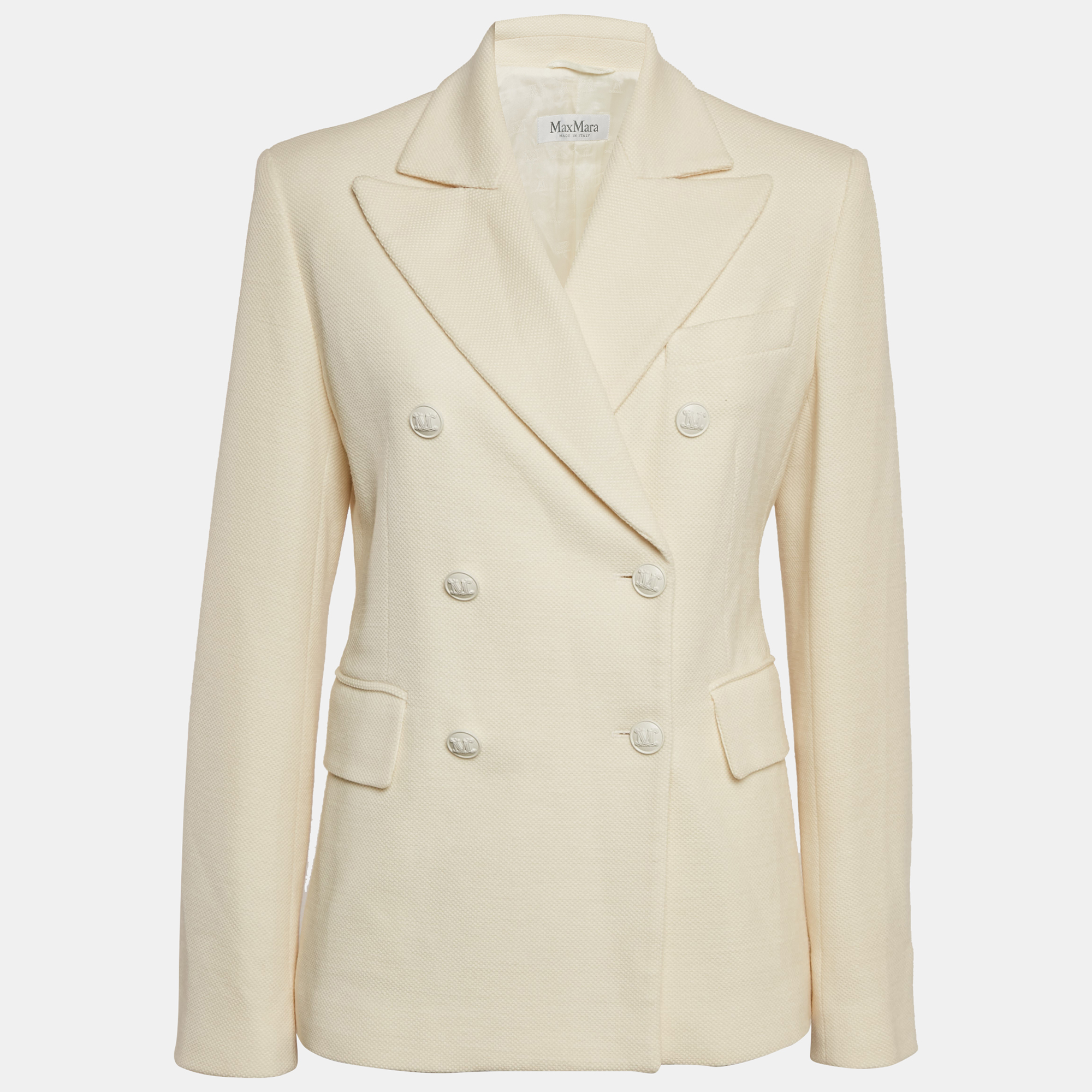 Max Mara Cream Textured Wool and Cotton Double Breasted Blazer L
