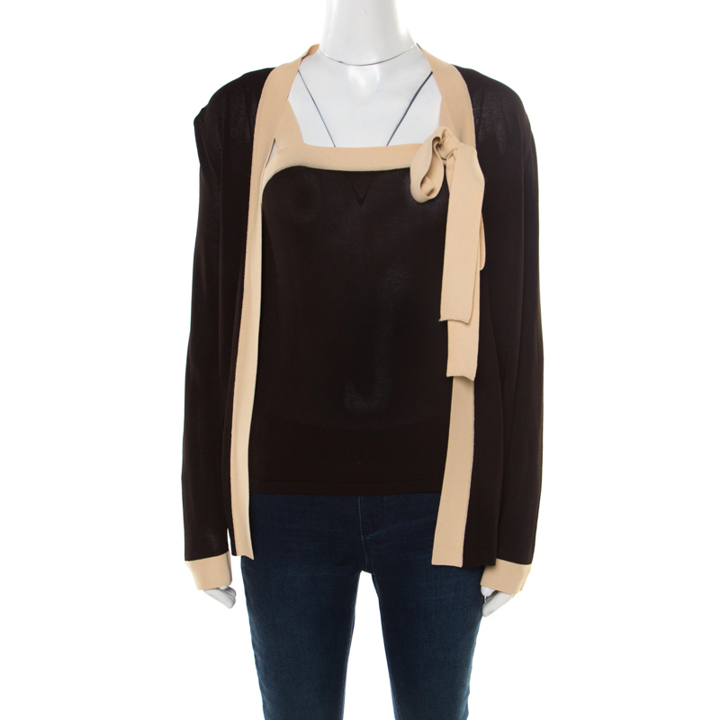 Image of Max Mara Dark Brown and Cream Cardigan and Crop Top Set S