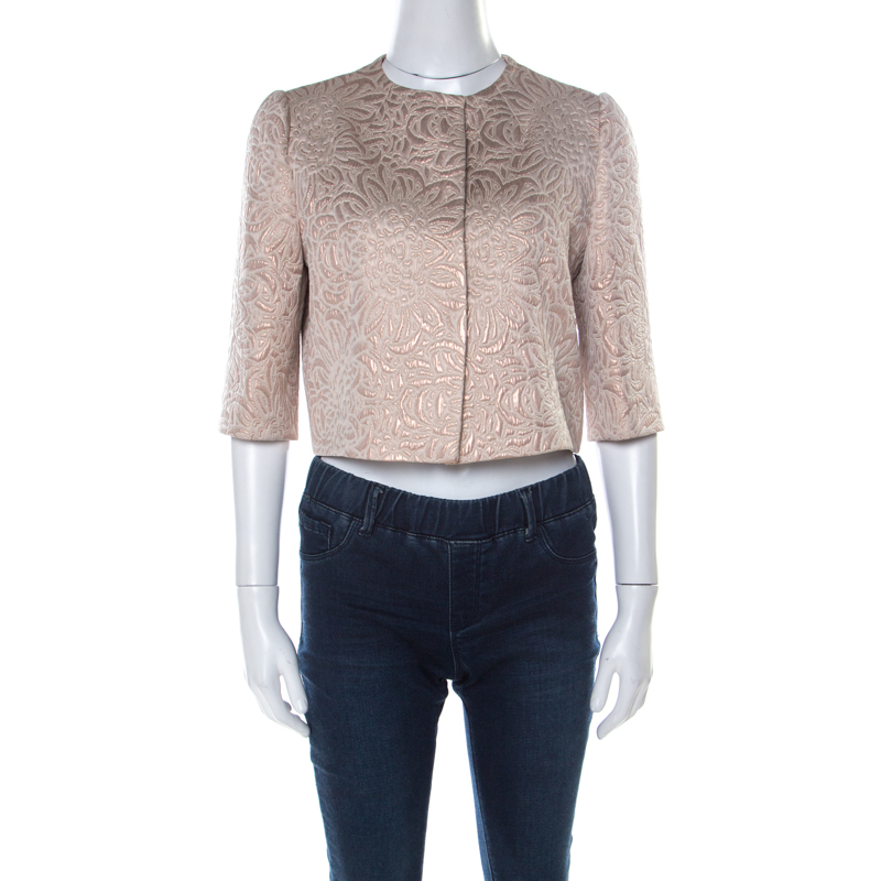 Image of Max Mara Cream Lurex Floral Pattern Jacquard Cropped Jacket S