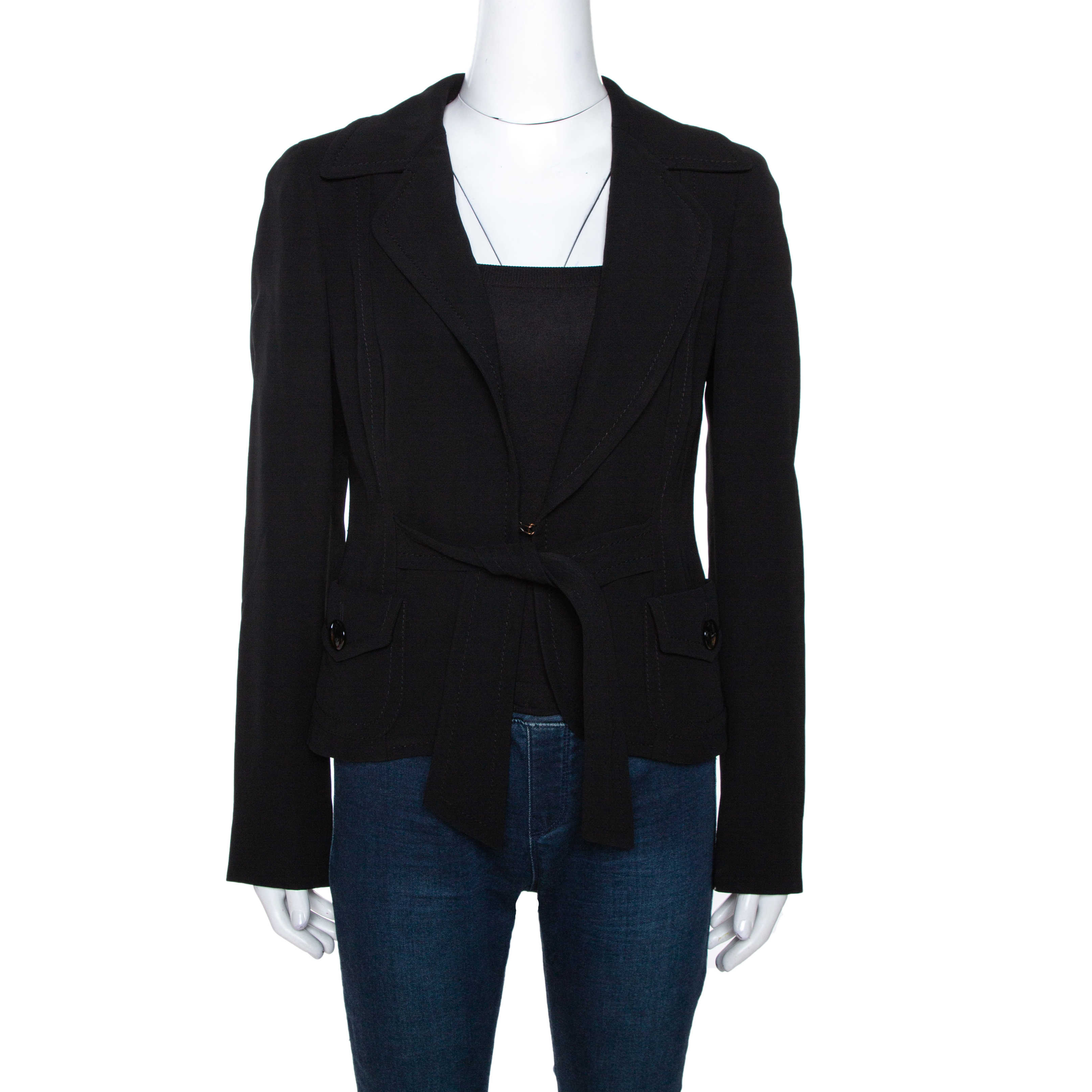 Image of Max Mara Black Wool Crepe Front Tie Detail Blazer M