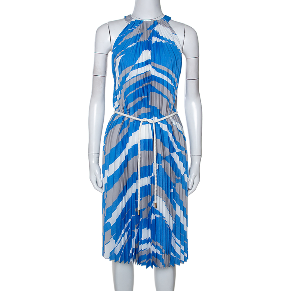 Image of Max Mara Blue Plisse Belted Sleeveless Dress M