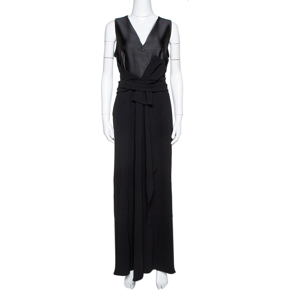 Image of Max Mara Black Satin & Crepe Bow Detail Sleeveless Maxi Dress L