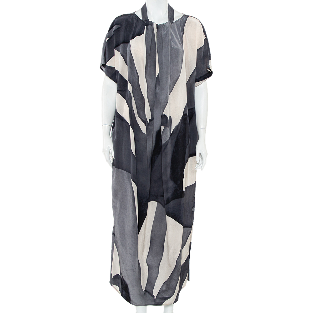 Max Mara Grey Abstract printed Silk Draped Neck Maxi Dress M