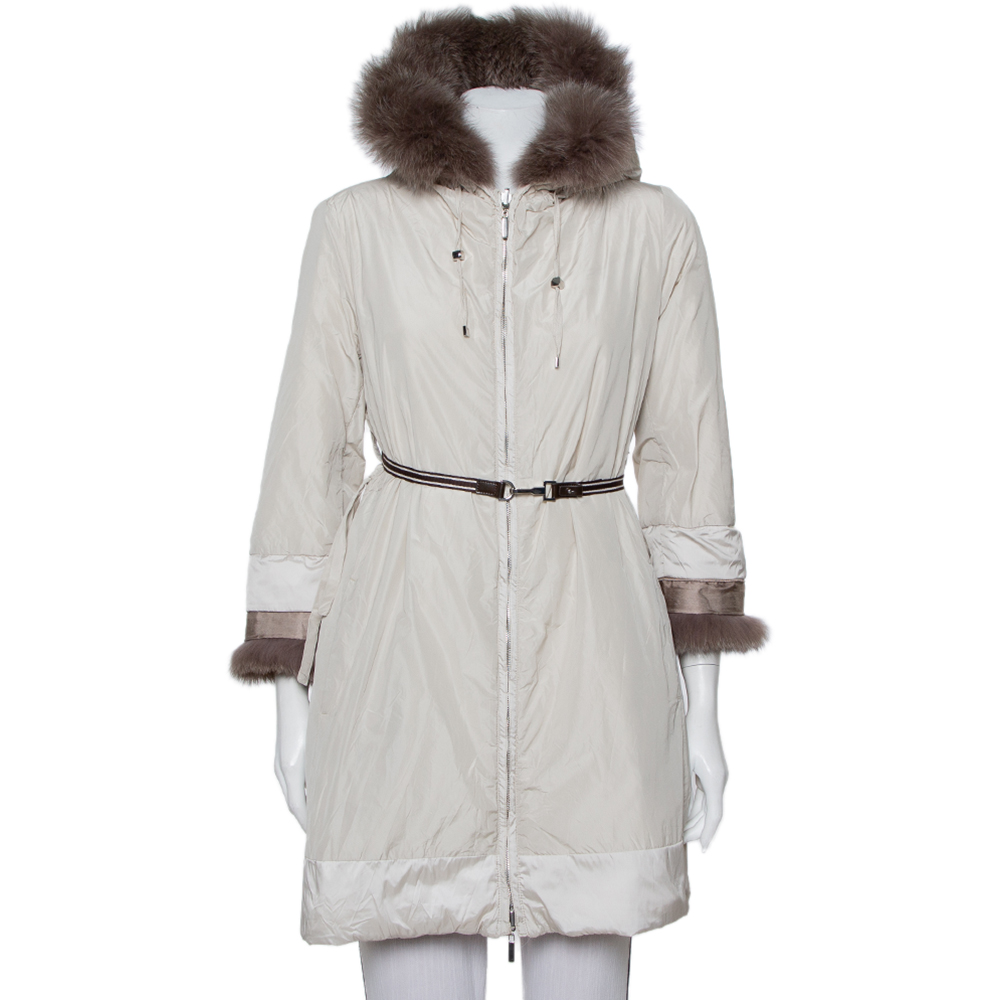 Max Mara The Cube Cream Quilted Fur Lined Hooded Jacket M