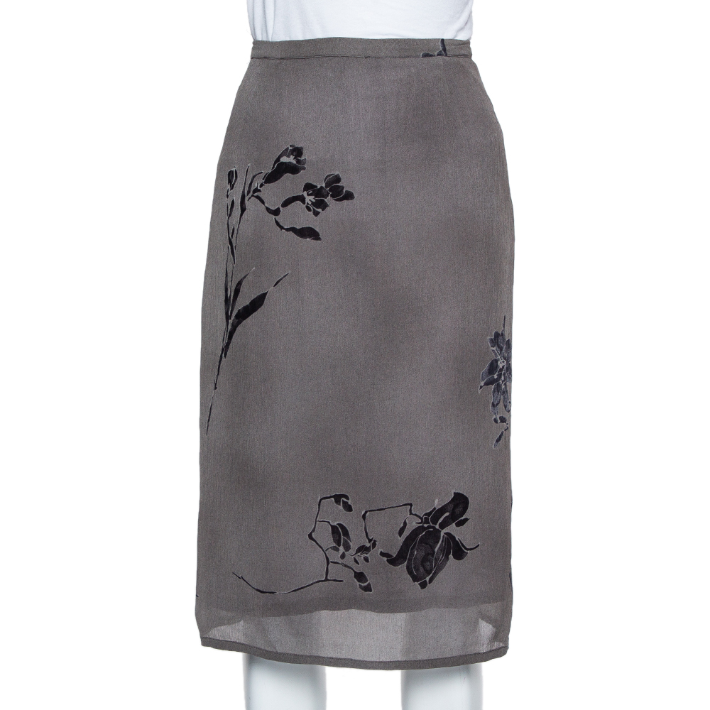 Max Mara Grey Floral Printed Chiffon Midi Skirt L