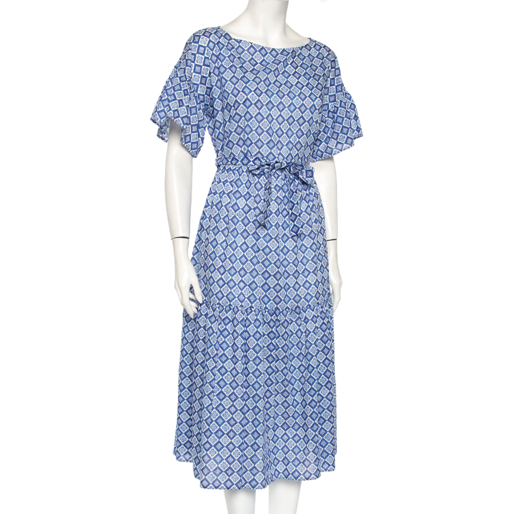 

Weekend Max Mara Blue Mosaic Print Cotton Pleated Hem Detail Long Dress