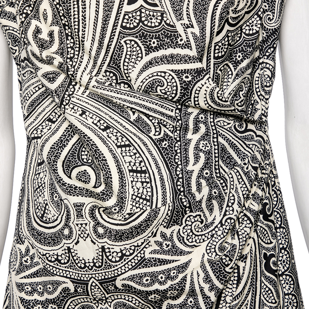 Max Mara Monochrome Paisley Printed Cotton Draped Detail Dress M