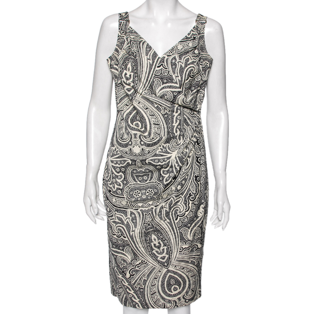 

Max Mara Monochrome Paisley Printed Cotton Draped Detail Dress, Black