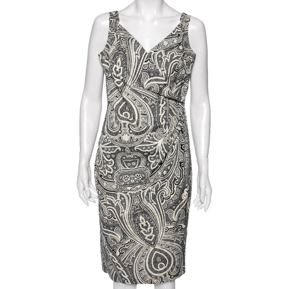 Max mara monochrome paisley printed cotton draped detail dress m