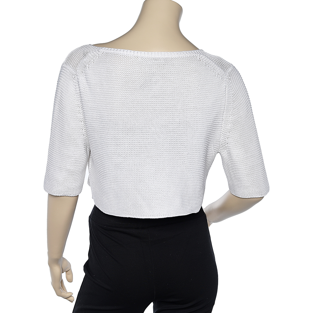 Max Mara Off White Crochet Knit Button Front Cropped Shrug XL