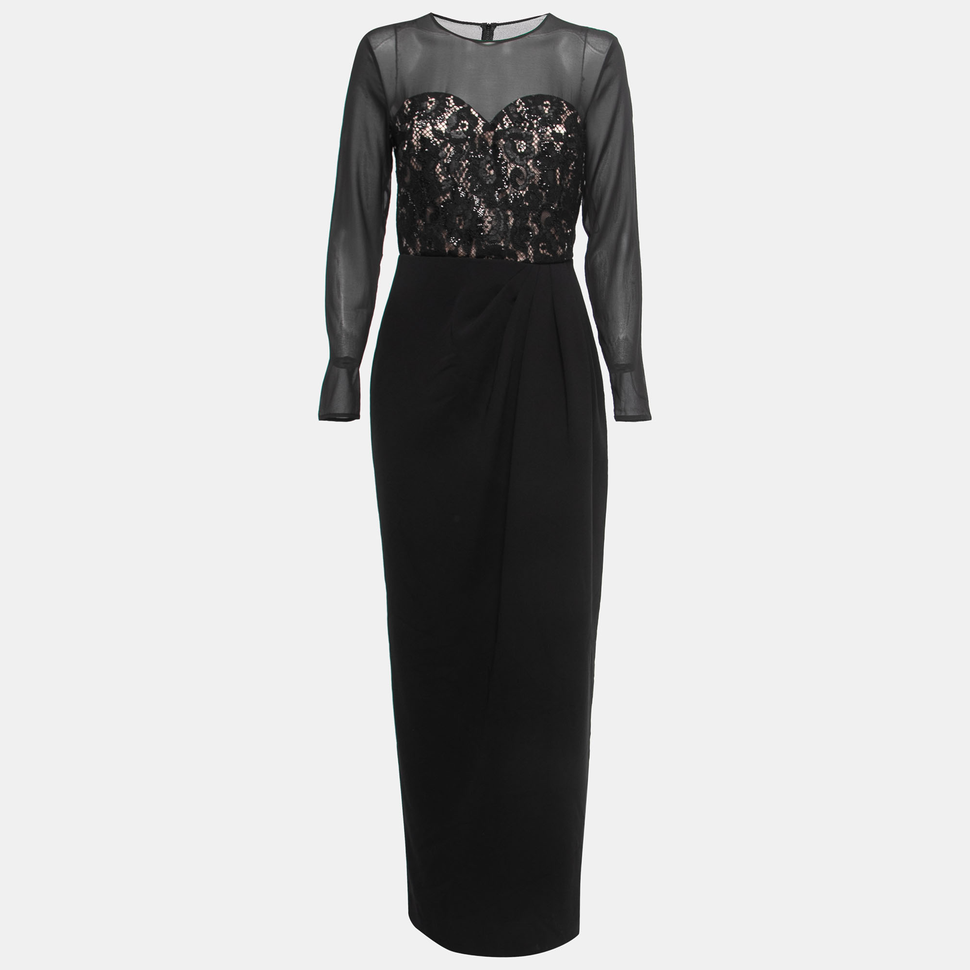 Max Mara Black Crepe Embellished Lace Trim Long Sleeve Draped Maxi Dress M