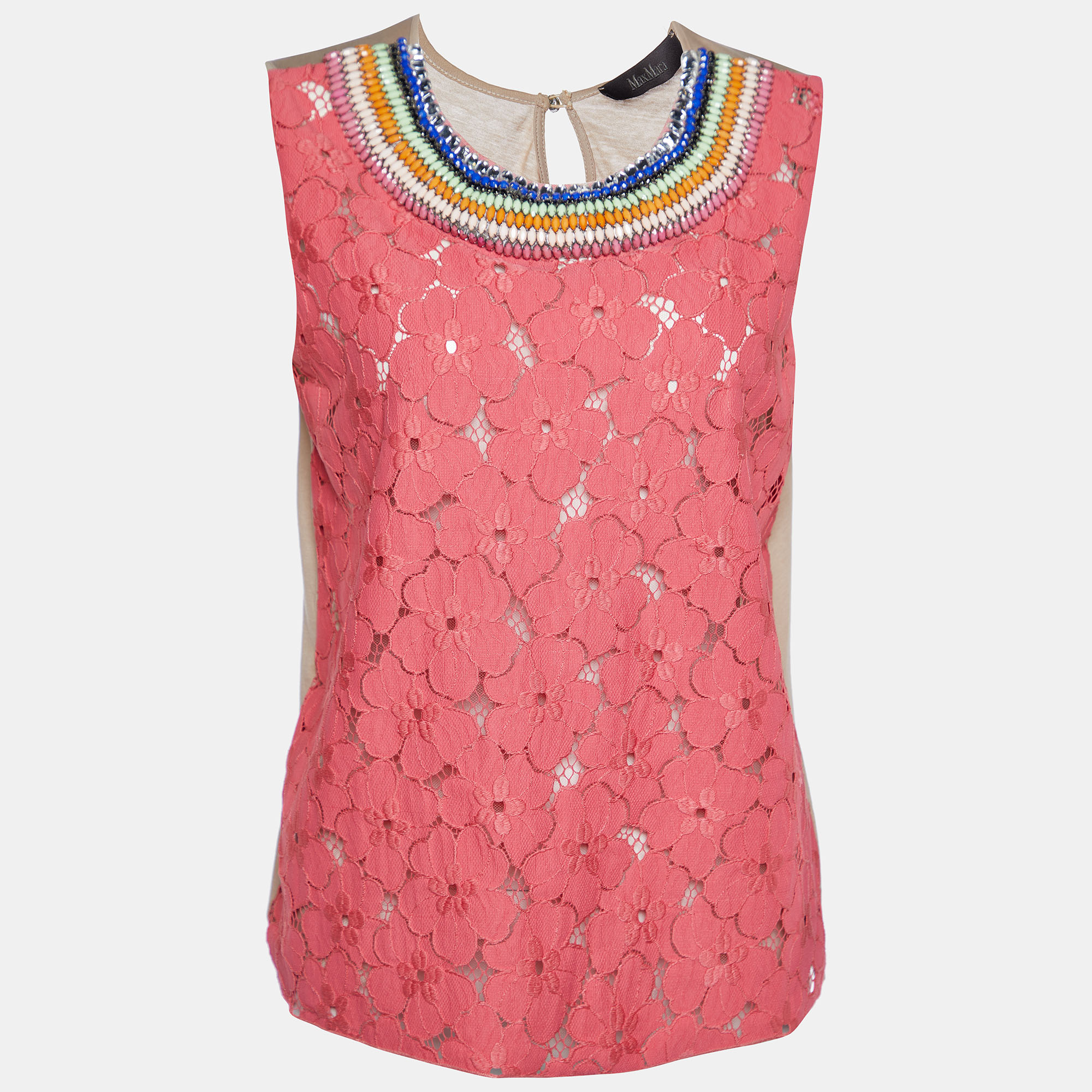 Max Mara Pink Floral Lace & Cotton Knit Embellished Detail Sleeveless Top M