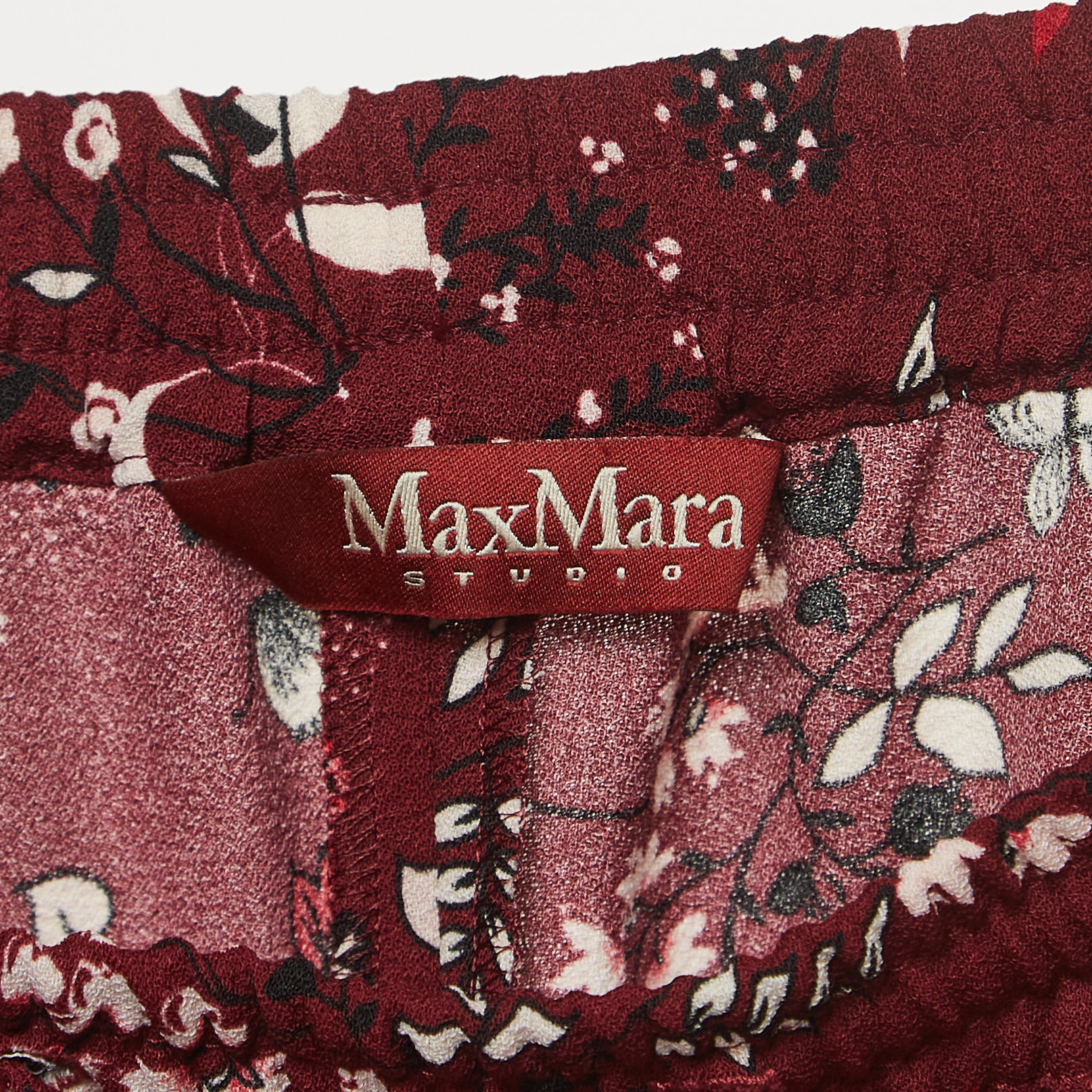 Max Mara Studio Burgundy Floral Print Crepe Drawstring Palazzo Pants M