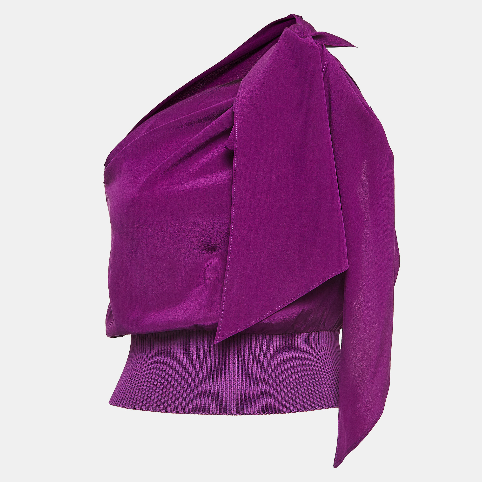 Max mara purple silk and rib knit one shoulder tie-up crop top s