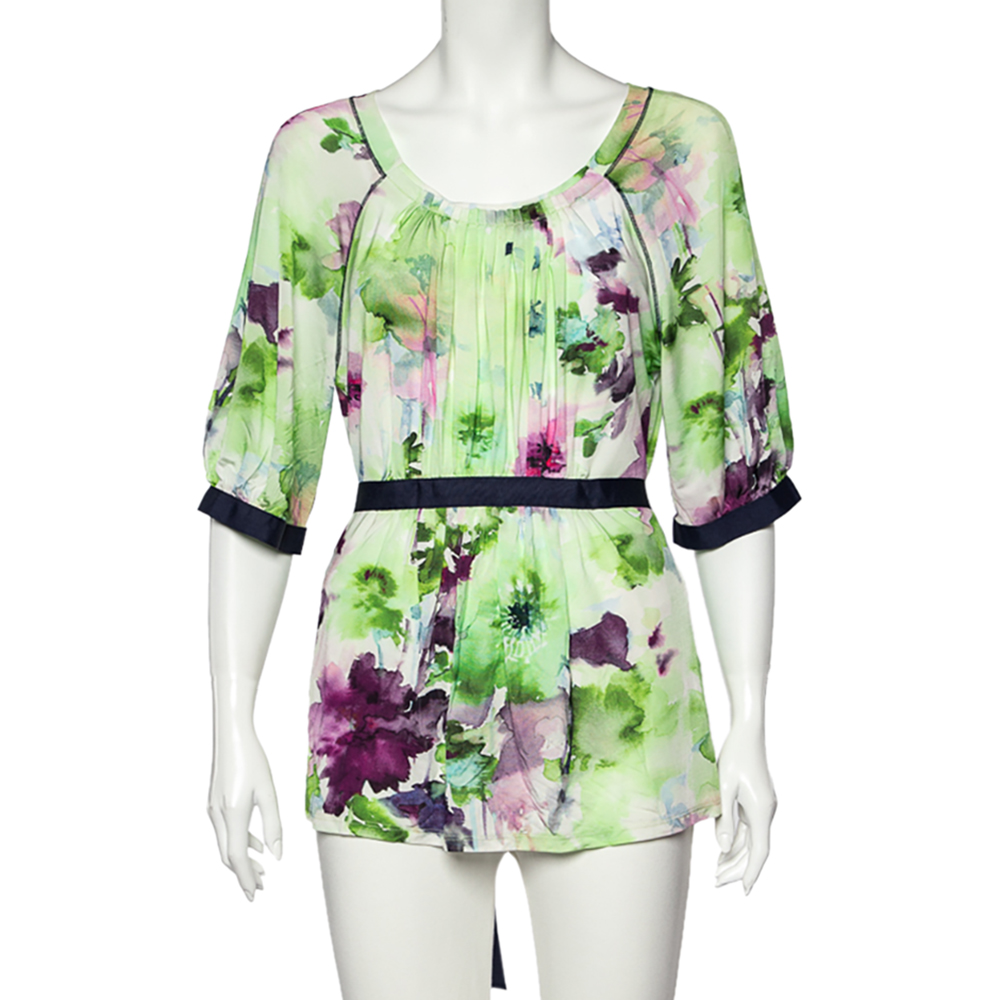 Max Mara Studio Green Floral Print Jersey Tie Waist Blouse XXL