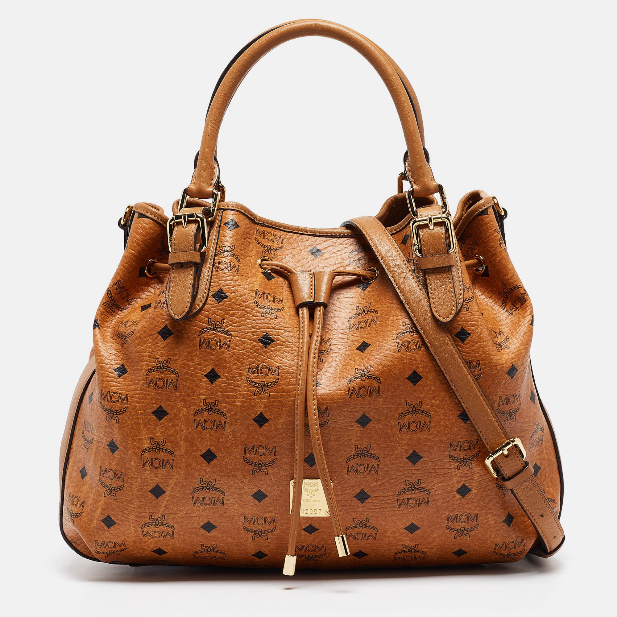 Mcm cognac visetos coated canvas and leather drawstring bag