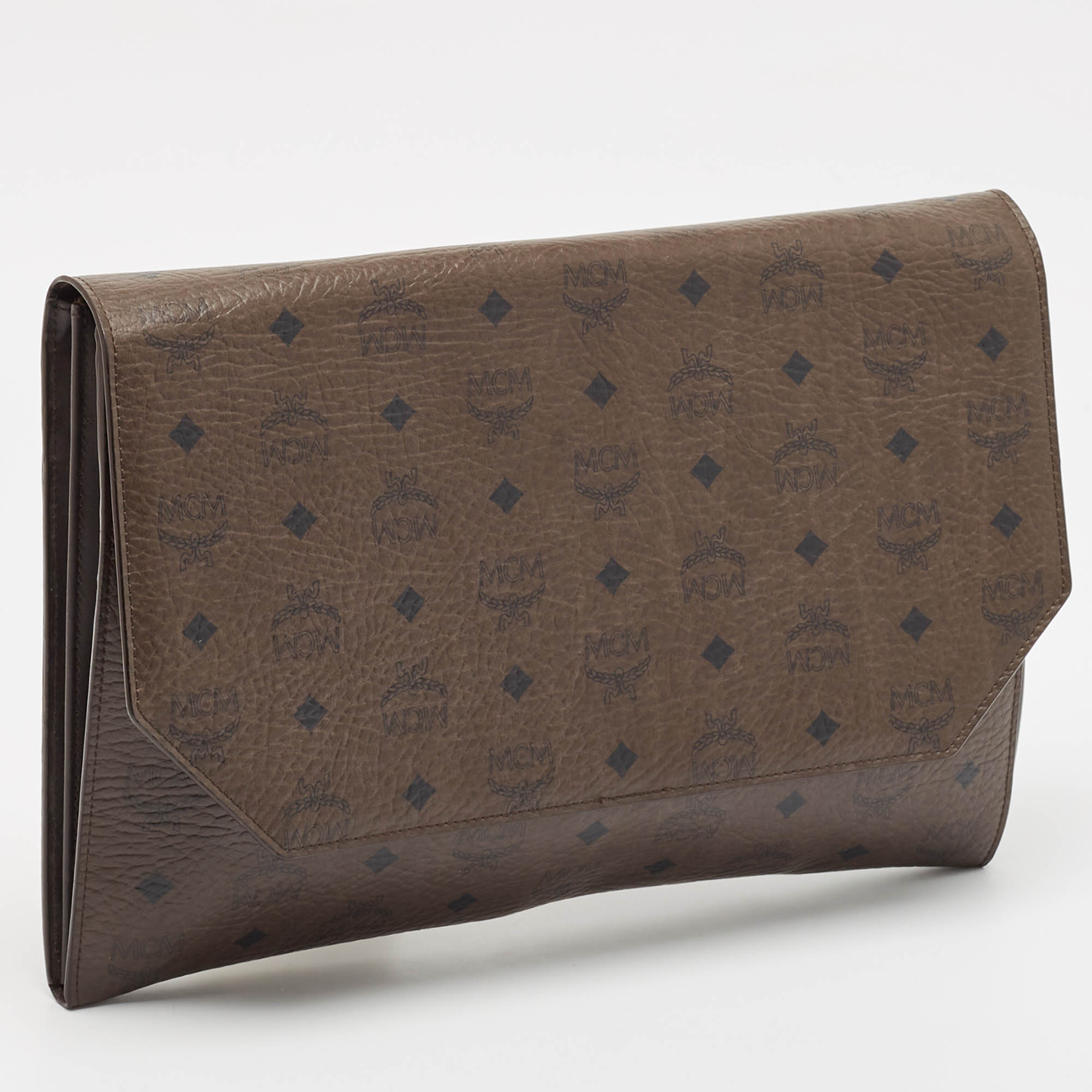 MCM Dark Brown Visetos Coated Canvas And Leather Envelope Clutch