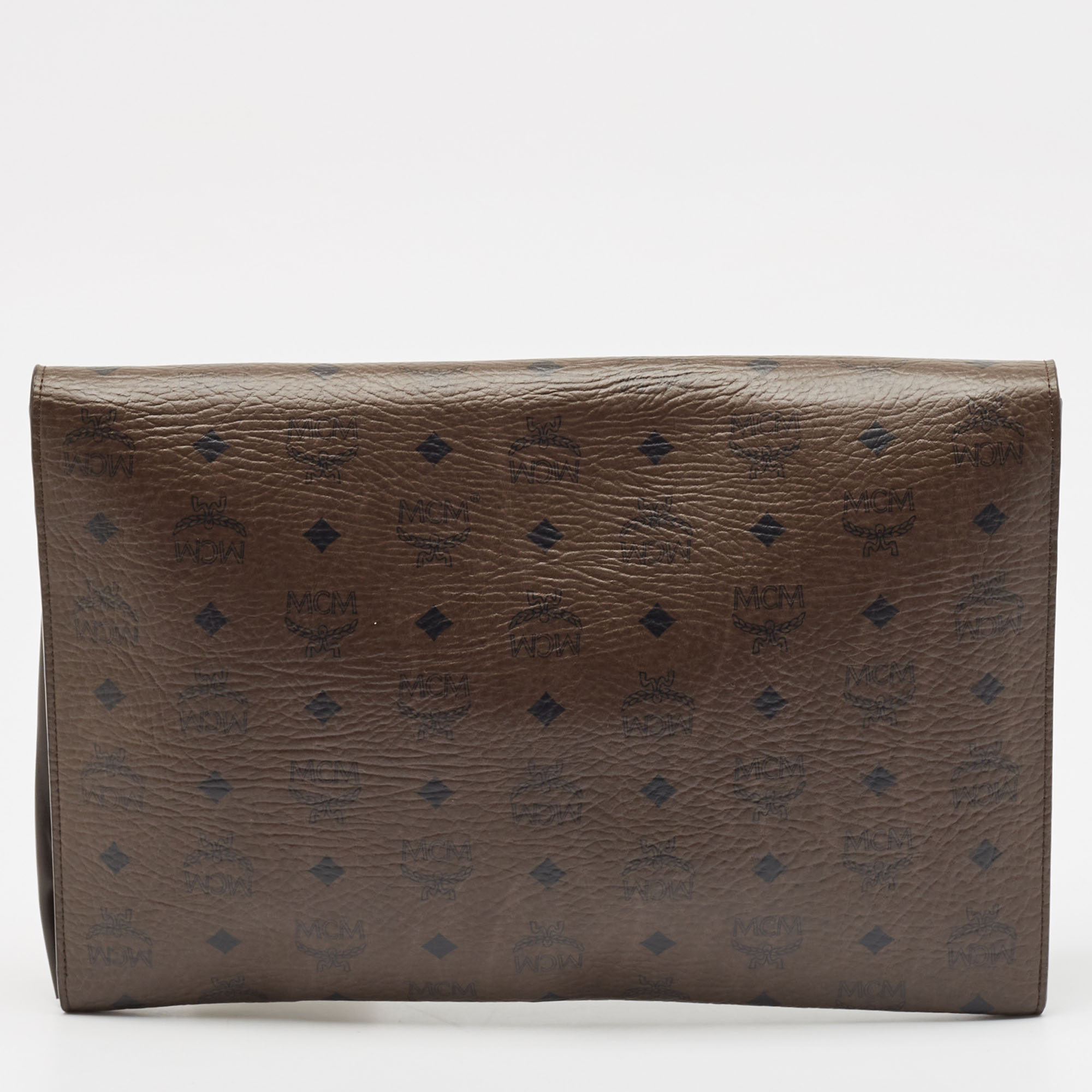 MCM Dark Brown Visetos Coated Canvas And Leather Envelope Clutch