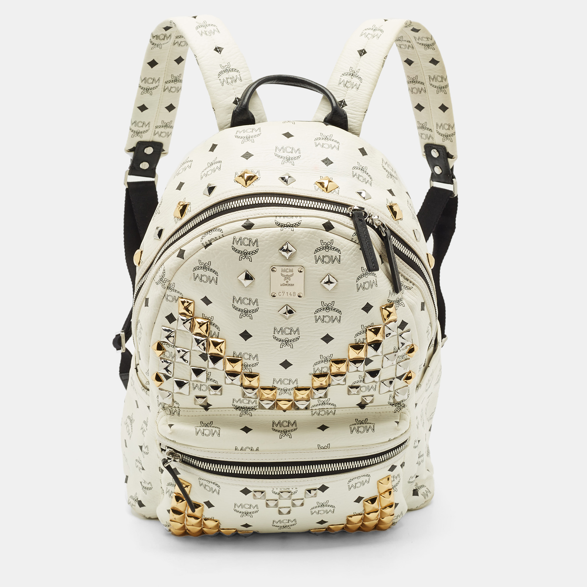 MCM White/Black Visetos Coated Canvas Medium Studded Stark Backpack
MCM White/Black Visetos Coated Canvas Medium Studded Stark Backpack