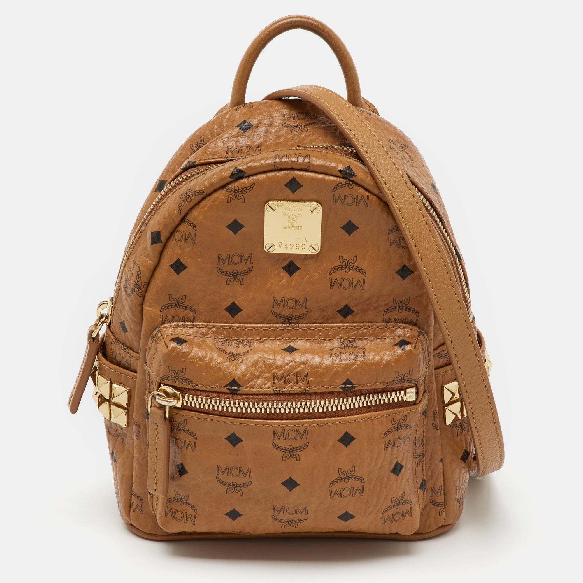 MCM Cognac Visetos Coated Canvas and Leather Mini Studded Stark-Bebe Boo Backpack, Tan
MCM Cognac Visetos Coated Canvas and Leather Mini Studded Stark-Bebe Boo Backpack, Tan
