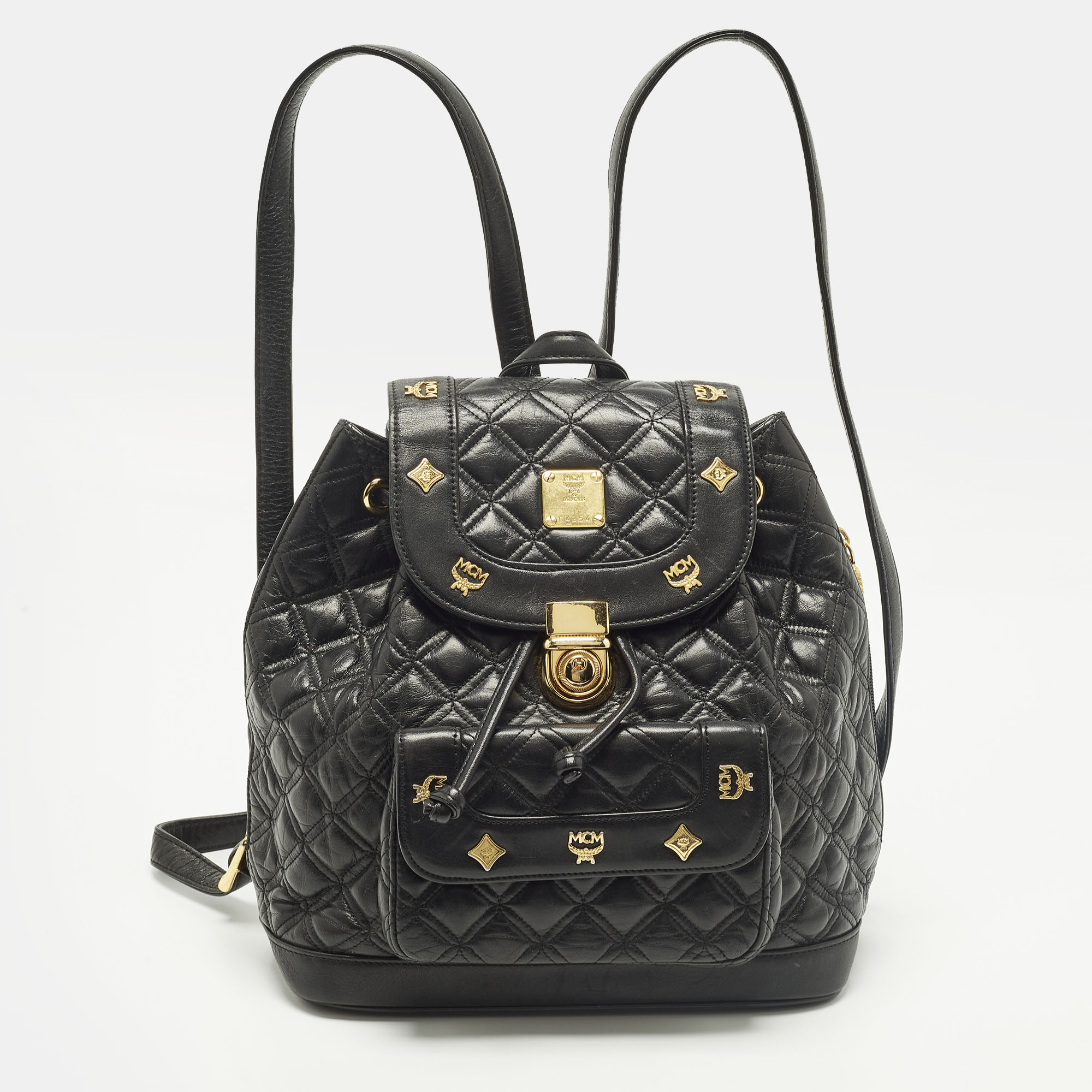 MCM Studded Black Quilted Leather Drawstring Backpack
MCM Studded Black Quilted Leather Drawstring Backpack