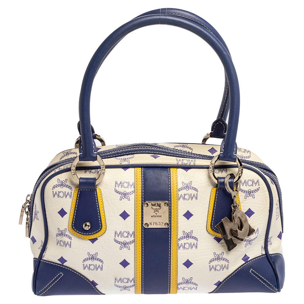 Image of MCM Purple/White Visetos Coated Canvas and Leather Zip Satchel