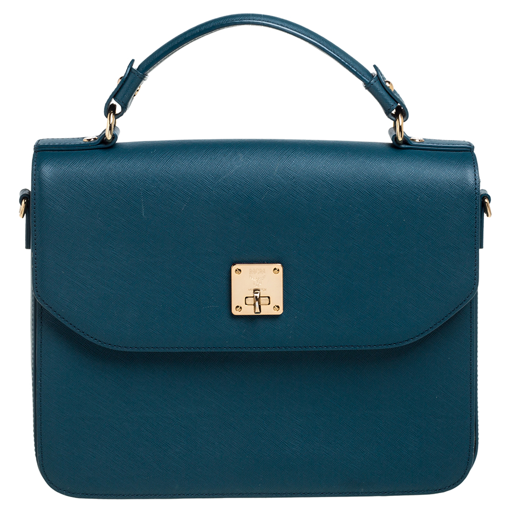 Image of MCM Teal Blue Leather Flap Leather Top Handle Bag