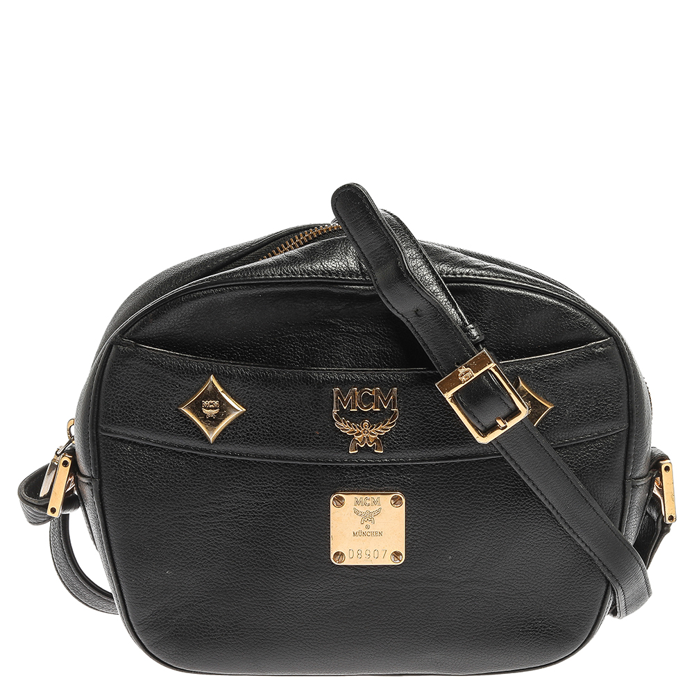 Image of MCM Black Leather Studded Camera Shoulder Bag
