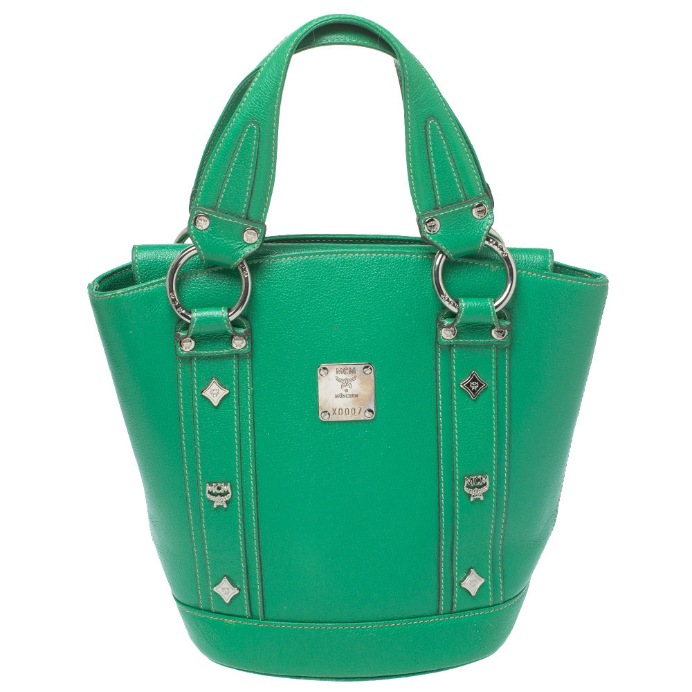 Image of MCM Green Leather Studded Flap Bucket Bag