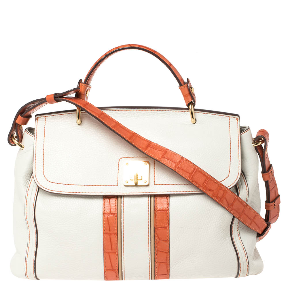 Image of MCM White/Orange Leather and Croc Embossed Leather Flap Top Handle Bag