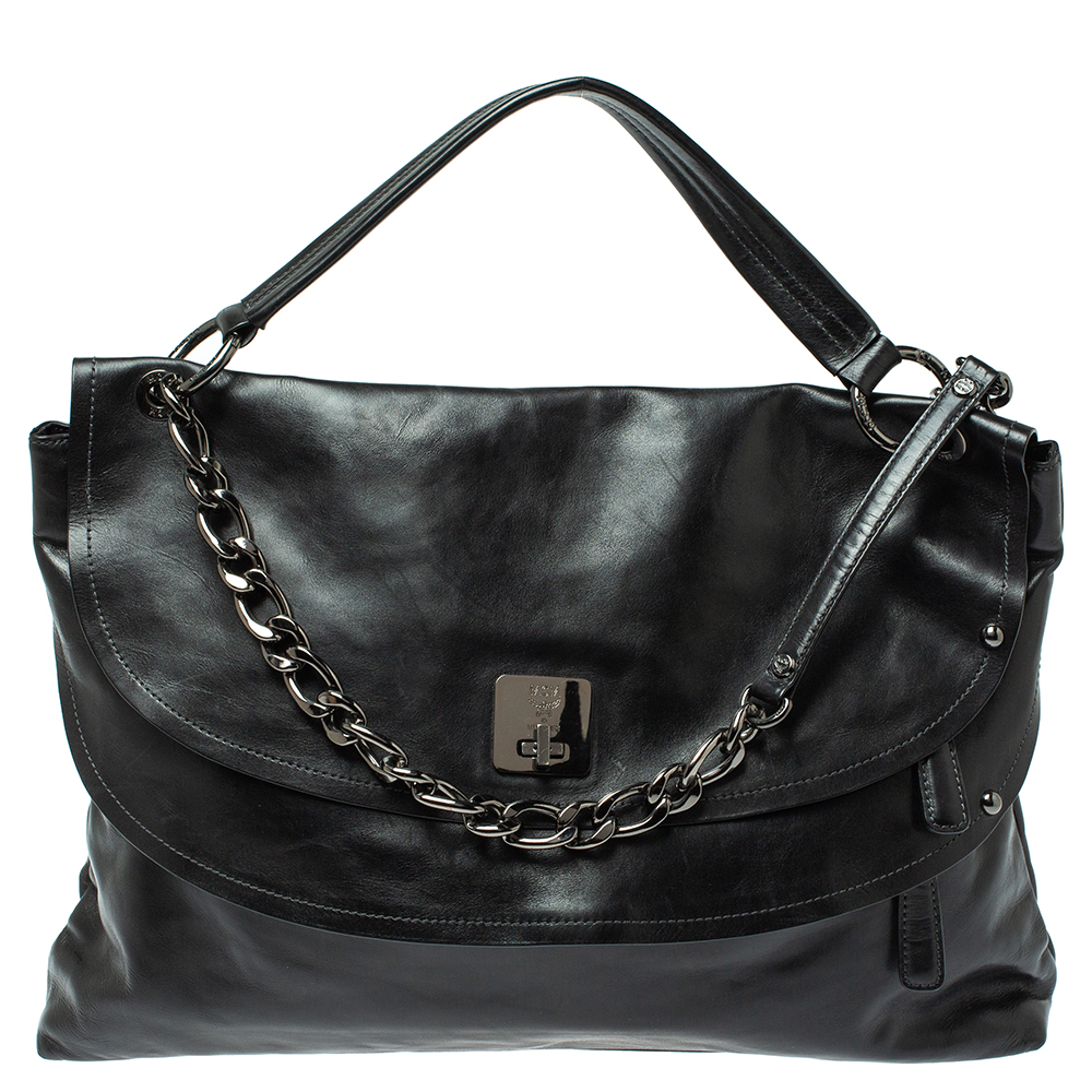 Image of MCM Black Leather Turlock Double Flap Top Handle Bag