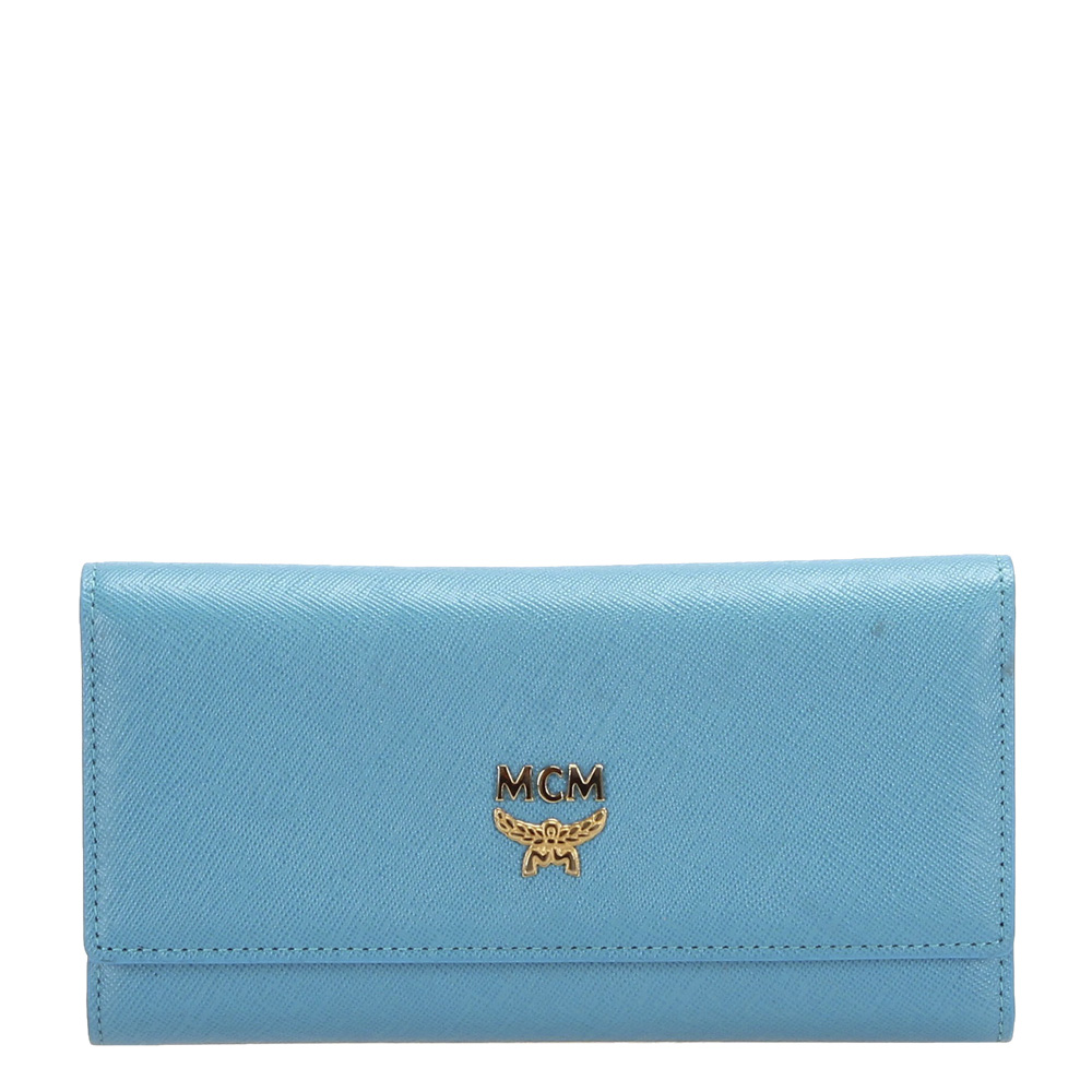MCM Blue Leather Ivana Bloom Trifold Wallet