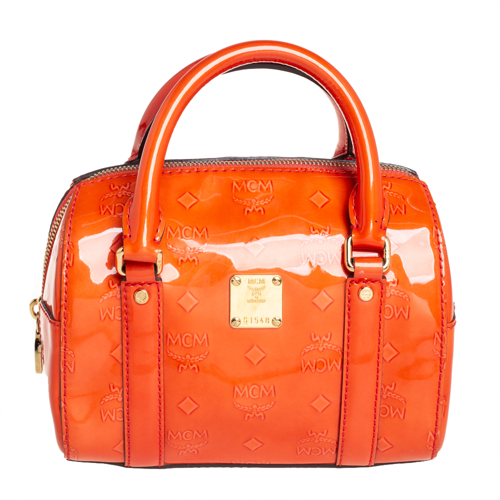 MCM Orange Heritage Patent Leather Small Boston Bag