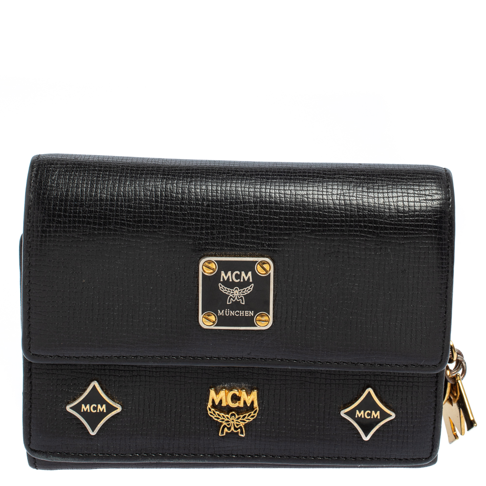 MCM Black Leather Studded Three Fold Wallet