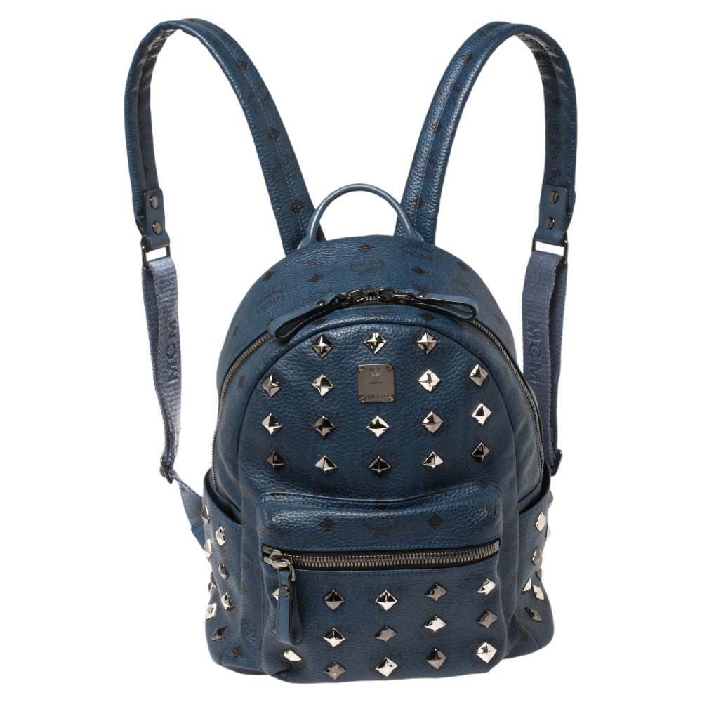 MCM Blue Visetos Coated Canvas and Leather Small Studs Stark Backpack
