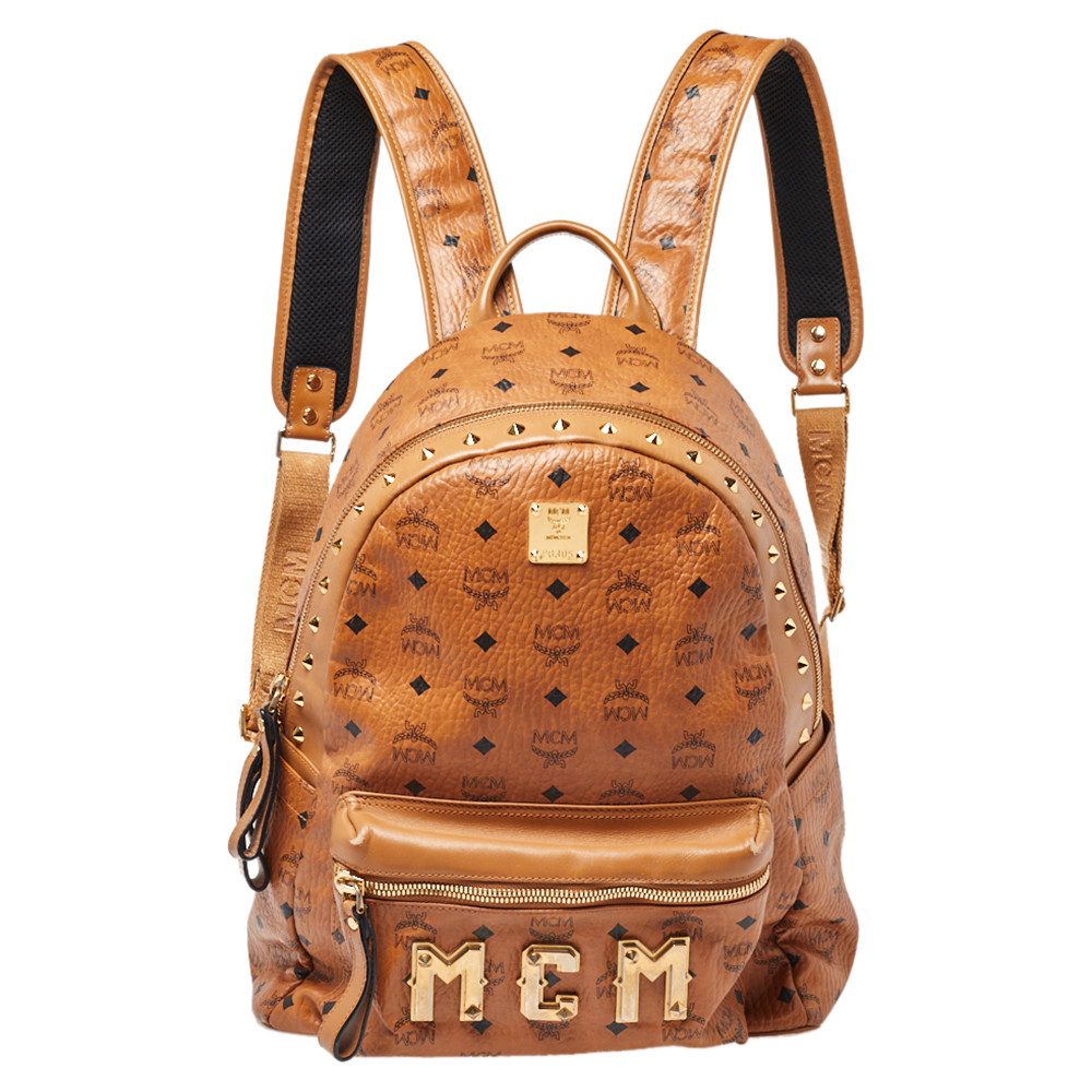 MCM Cognac Visetos Coated Canvas and Leather Trilogie Studded Stark Backpack