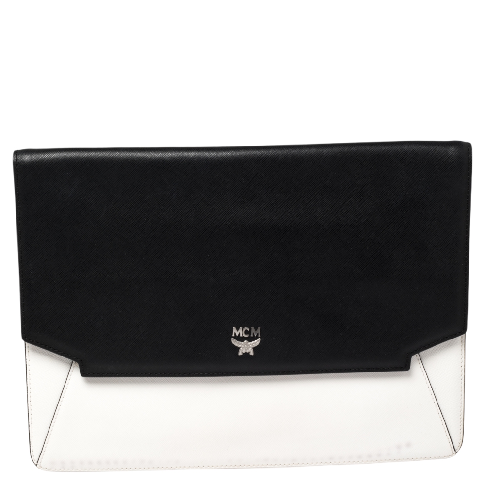 MCM Black/White Leather Envelope Clutch