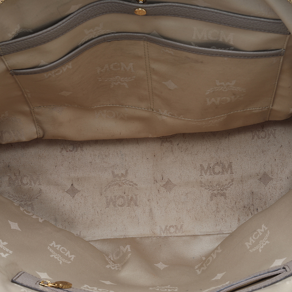 MCM Beige Leather Studded Alma Top Handle Dome Bag