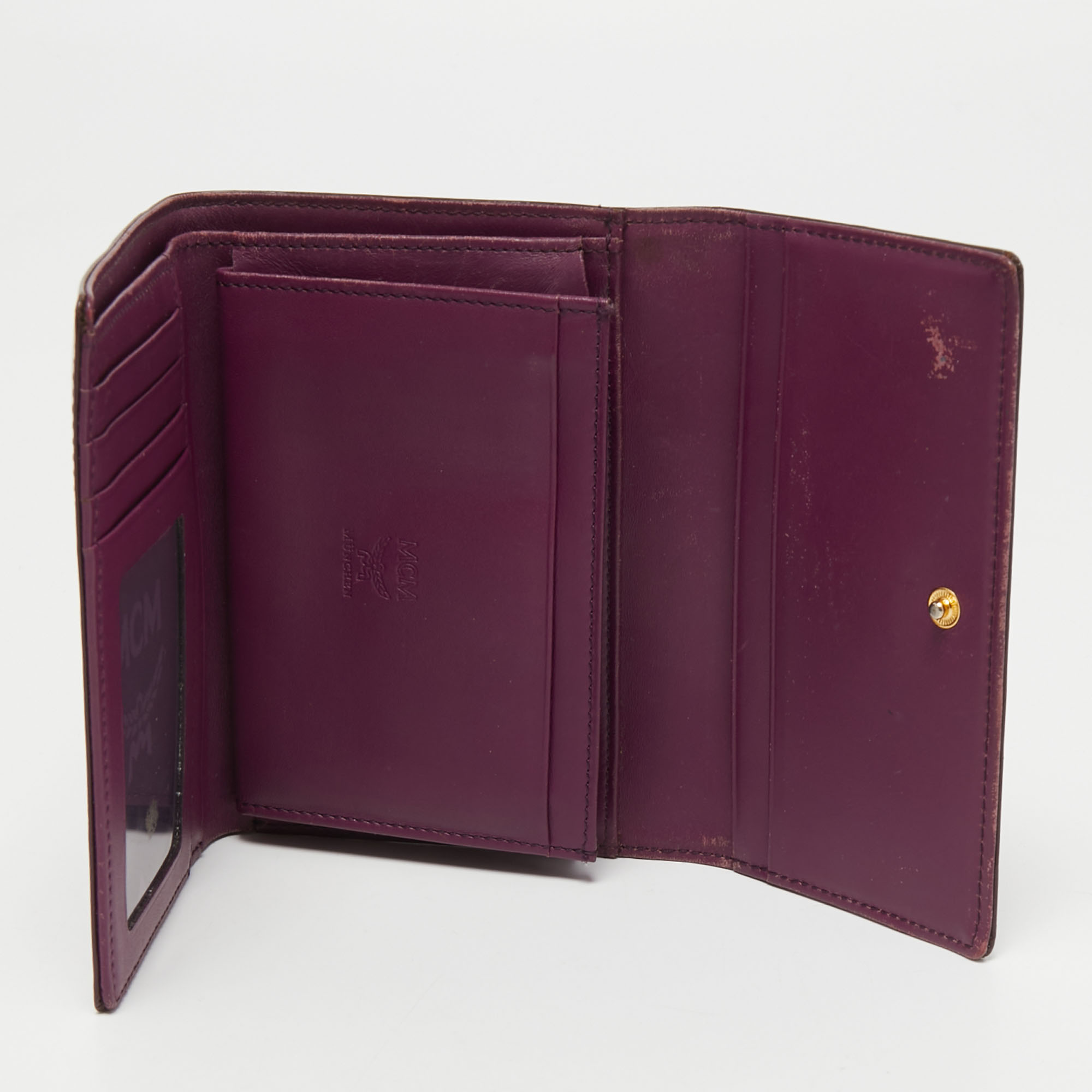 MCM Burgundy Visetos Embossed Patent Leather Tri Fold Compact Wallet