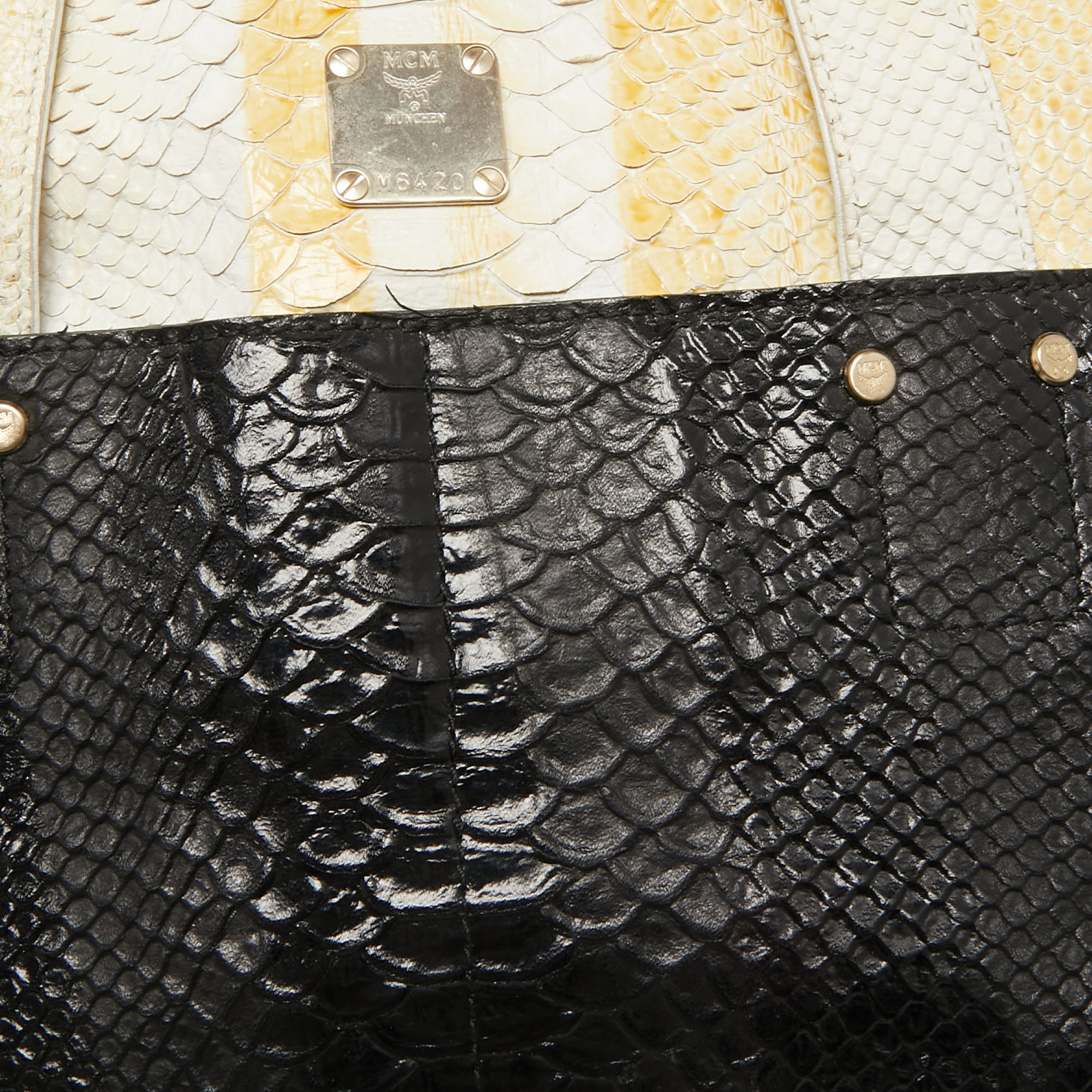 MCM Yellow/Black Python Embossed Leather Zip Tote