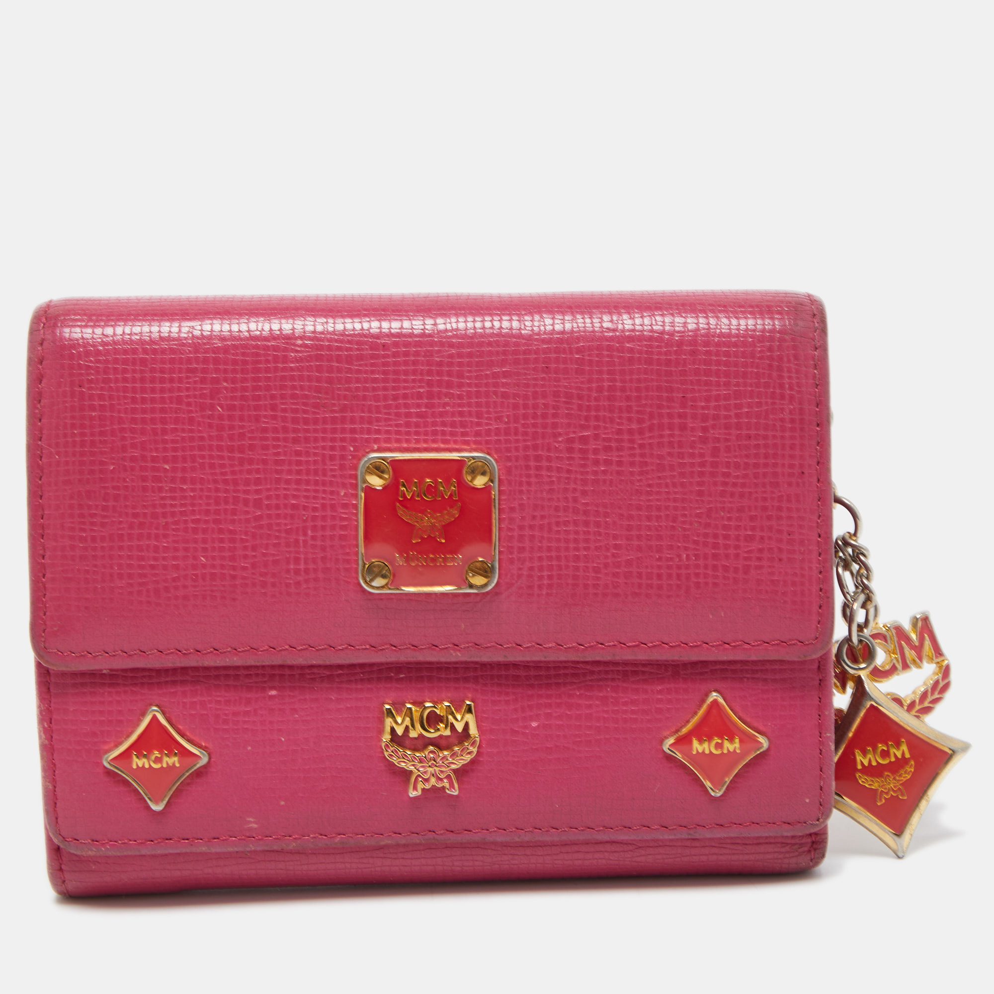 MCM Pink Leather Studded Charm Trifold Wallet